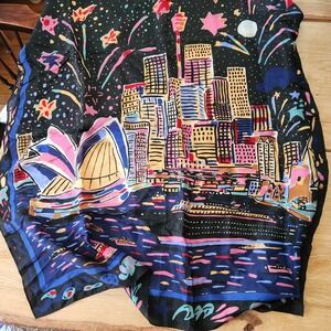 Ken Done Art Design Silk Scarf Black Abstract Sydney Australia Skyline Fireworks